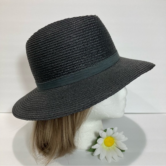 Black Straw Fedora Grosgrain Band Wide Brim Hat NWOT - Picture 3 of 6